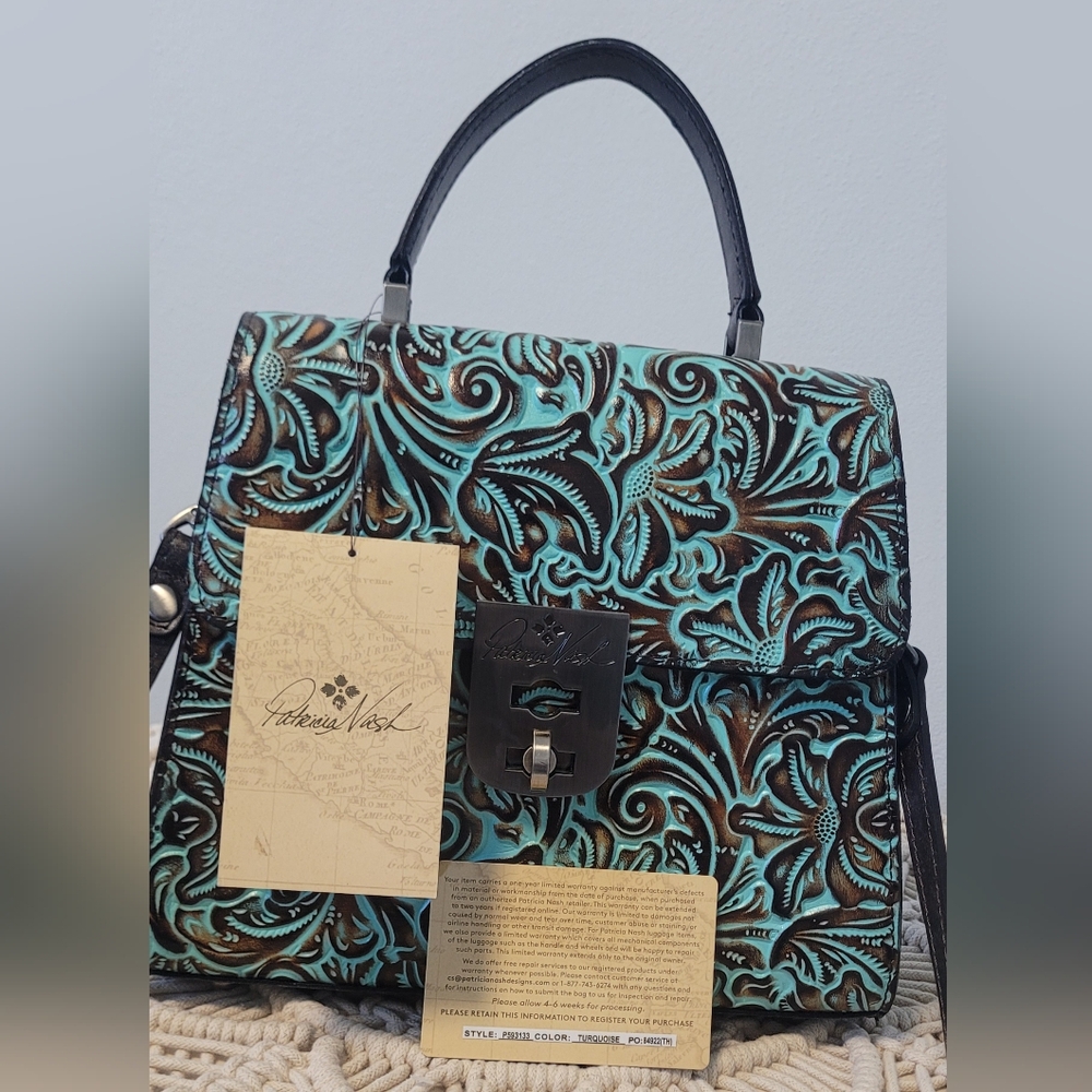 Patricia Nash Turquoise and Black Embossed Leather Bag - Picture 5 of 15